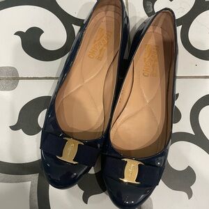 Salvatore Ferragamo Navy Patent Leather Flats